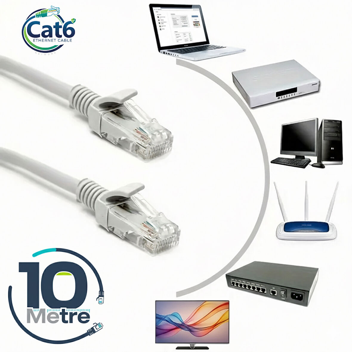 GABBLE CAT6 Yüksek Hızlı Ethernet Kablosu | Gigabit İnternet Ağ Kablosu | Tak Kullan | 10 Metre