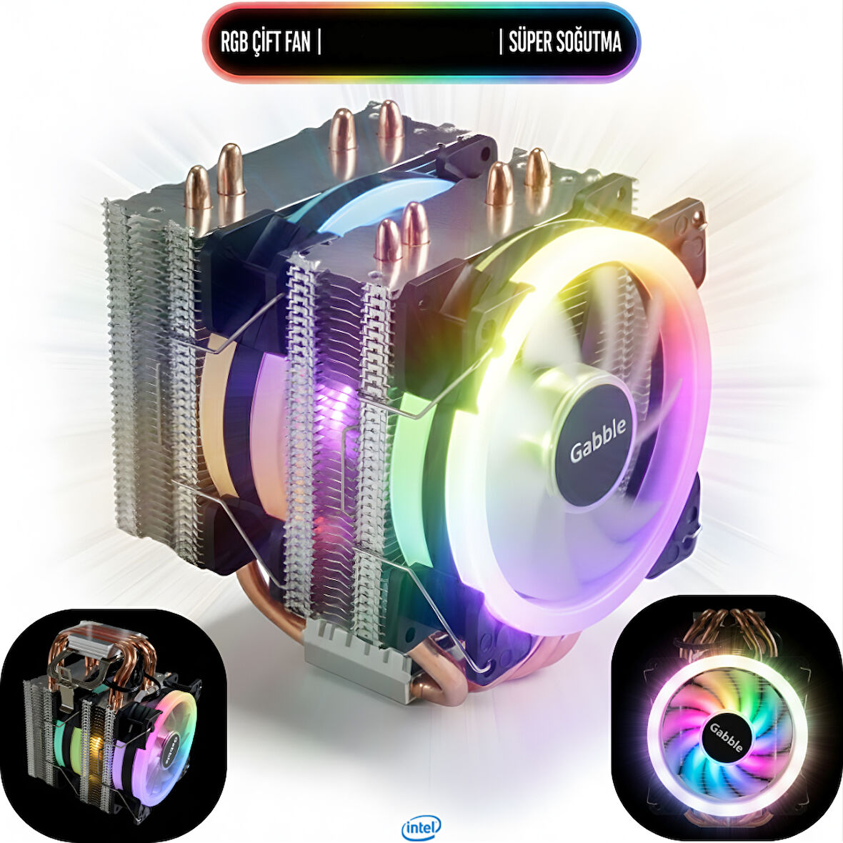 Gabble Cool Storm T90 RGB Çift Fanlı İşlemci Fanı - INTEL Uyumlu Kule Tipi CPU Soğutucu