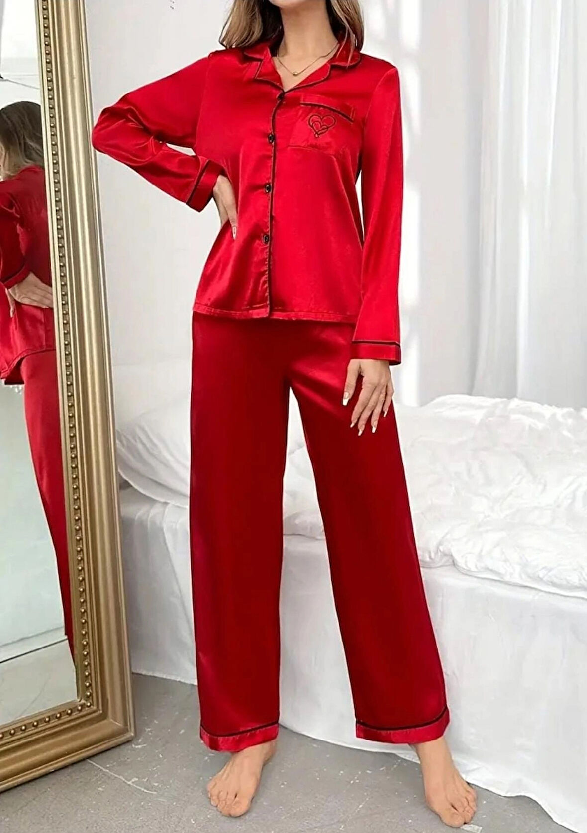 KIRMIZI SATEN ESTETİK ŞIK GECELİK