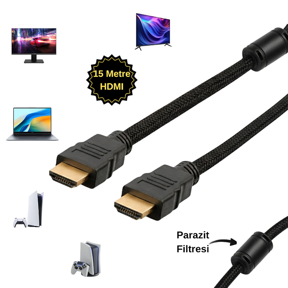 15 Metre Hasır Örgülü Parazit Filtreli (Ferrit Çekirdek) HDMI Kablo