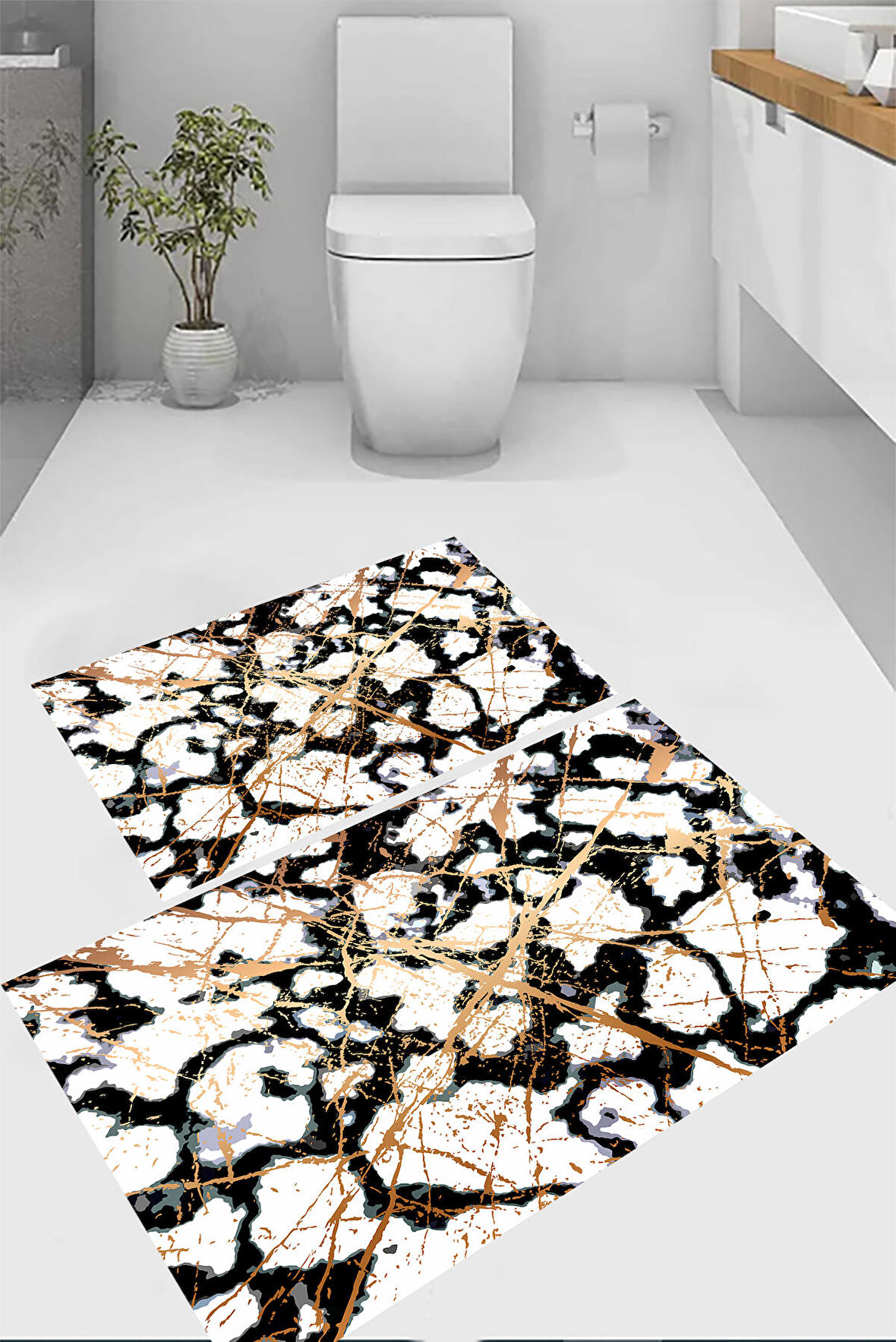 Karışık Desen Banyo Paspası, Gold Renk Paspas, Kaymaz Taban Banyo Paspası, Klozet Takımı, Yıkanabilir Klozet Takımı, Dekoratif Banyo Paspası,