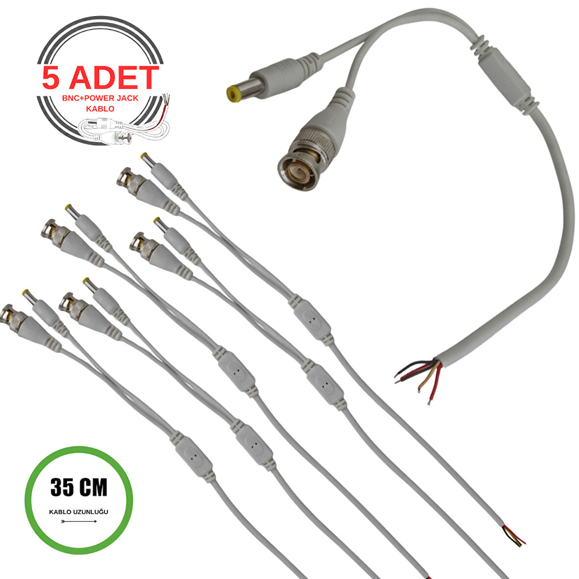 Profesyonel BNC + DC Power Jack Pigtail Kablo 35CM – 5 Uçlu Hazır Kamera Bağlantı Seti – CCTV Güvenlik Sistemi İçin - 5 Adet