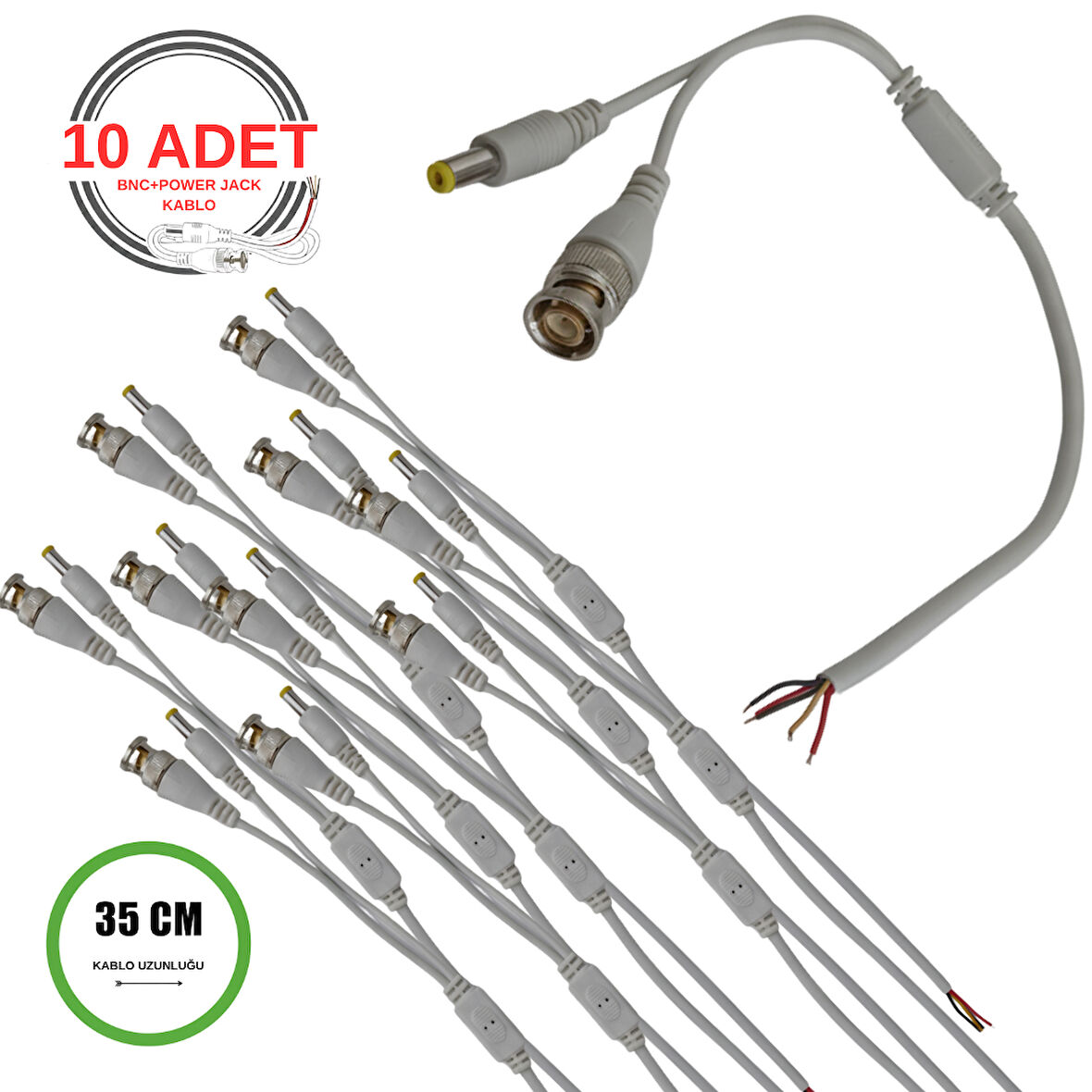 BNC + DC Power Jack Pigtail Kablo 35CM – 5 Uçlu Hazır Kamera Bağlantı Seti – CCTV Güvenlik Sistemi İçin - 10 Adet