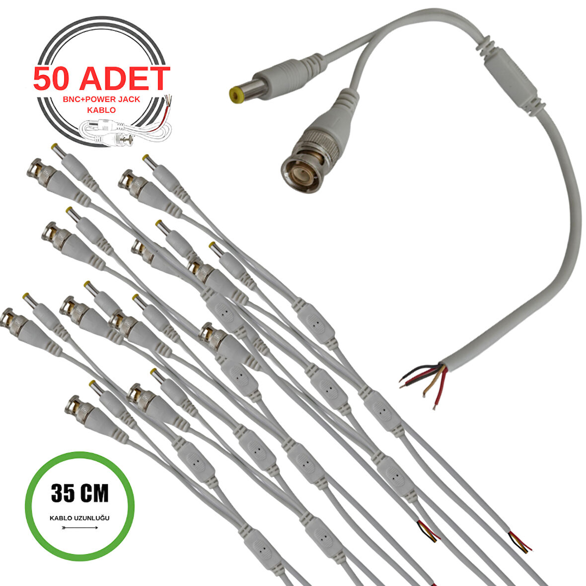 BNC + DC Power Jack Pigtail Kablo 35CM – 5 Uçlu Hazır Kamera Bağlantı Seti – CCTV Güvenlik Sistemi İçin - 50 Adet