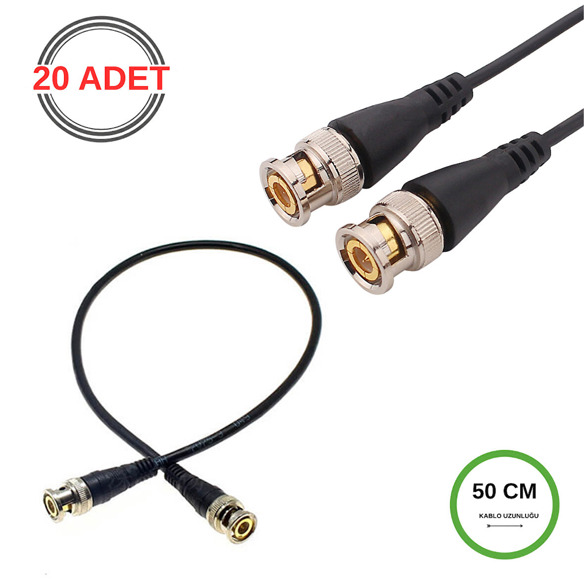 BNC Kablo Erkek-Erkek Hazır Uçlu 0.5 Mt - Siyah CCTV Görüntü Sinyal Kablosu - 20 Adet