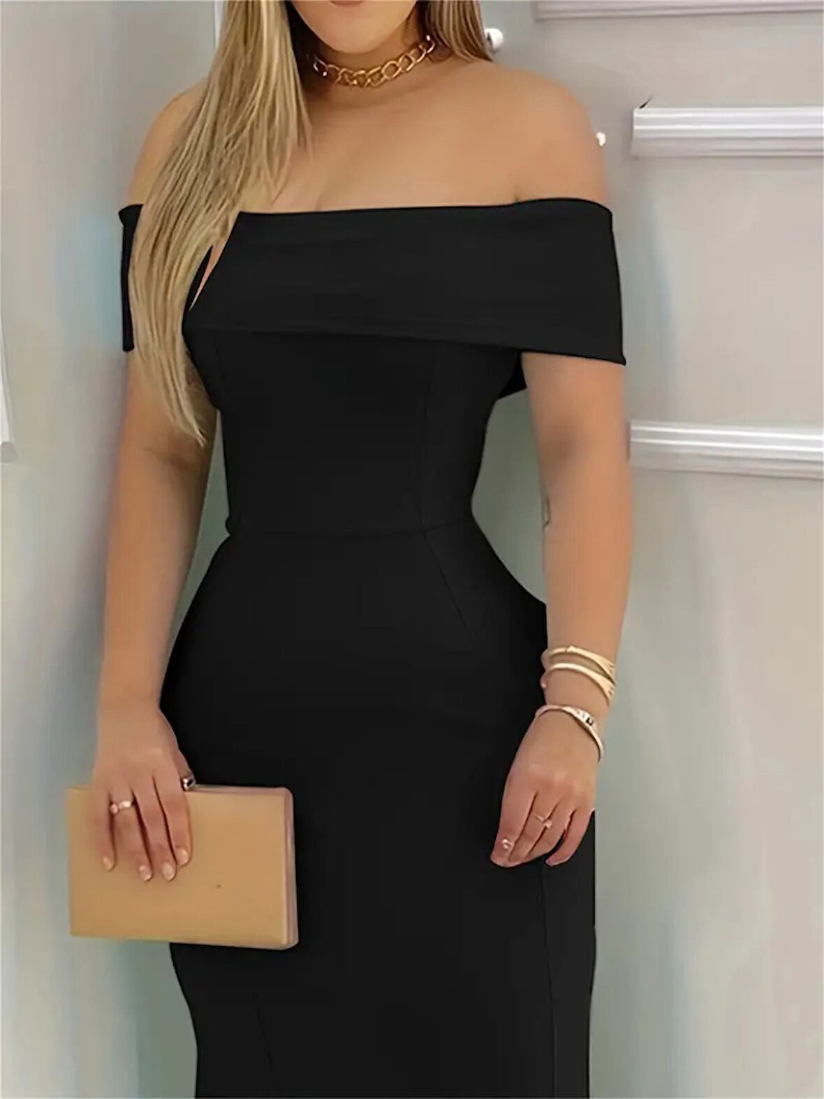 GÜLSÜM AYDIN Kadın Kısa Kollu Madonna Yaka Belden Oturtmalı Uzun Ithal Krep Elbise