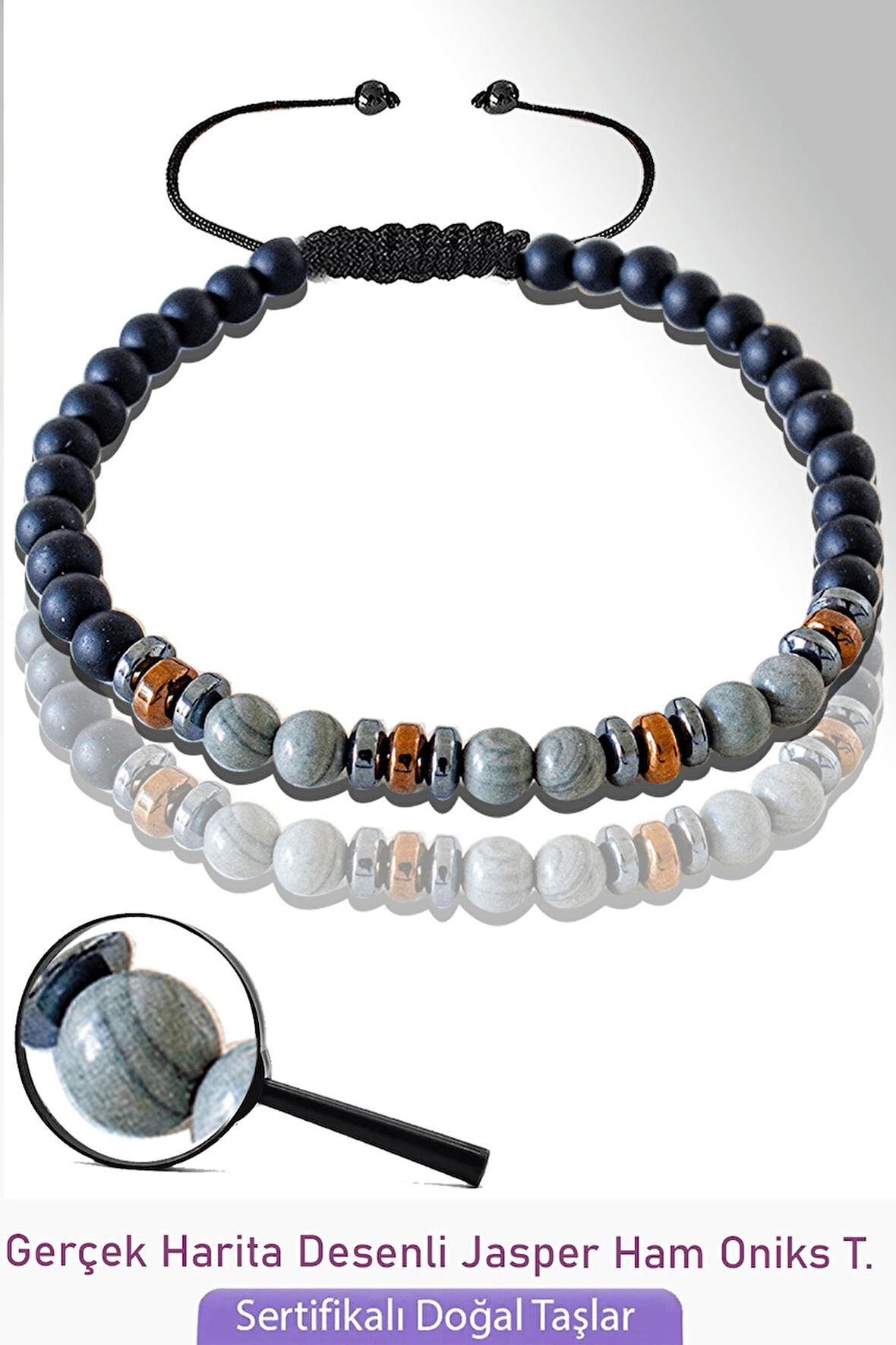 Sertifikalı Gerçek Oniks - Hematit - Harita Jasper Taşı Bileklik - Ayarlamalı