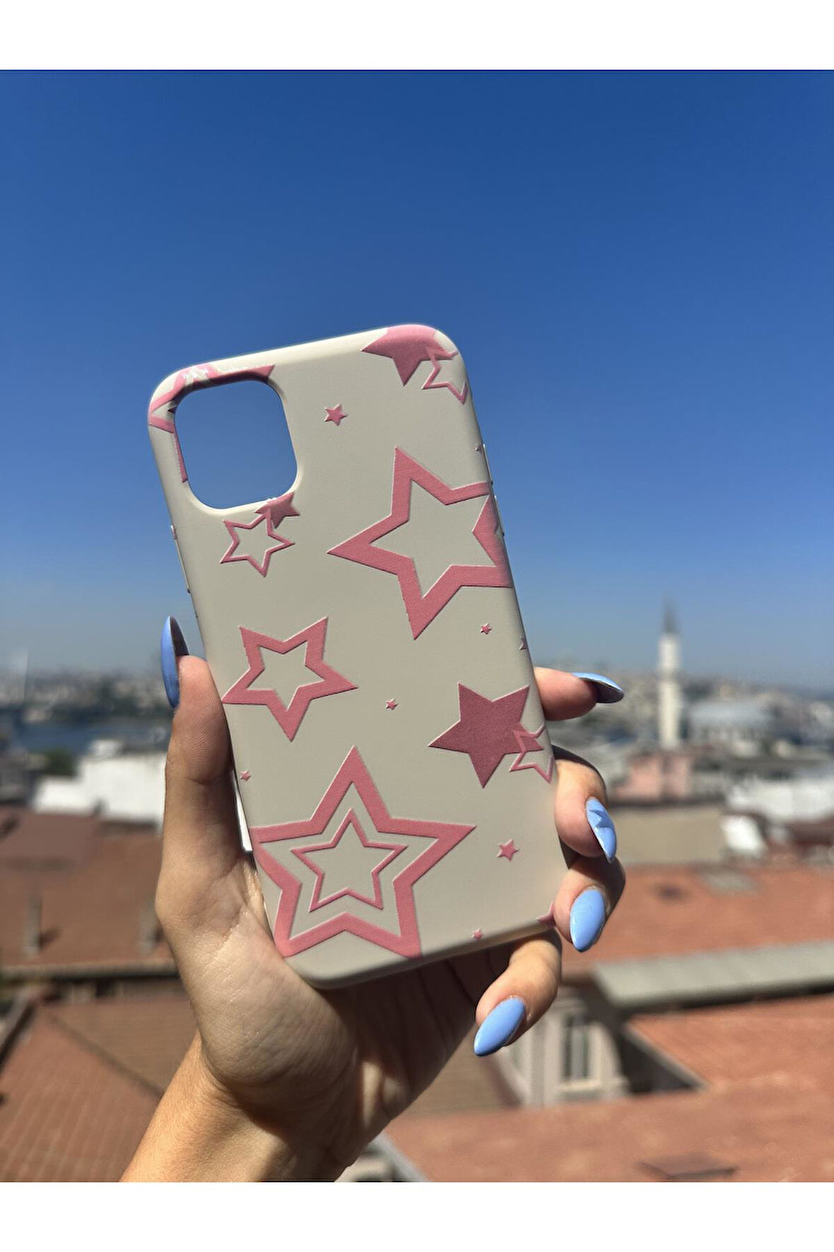 Samsung Galaxy A34 Uyumlu Pembe Yıldızlar Tasarımlı Telefon Kılıfı - Krem