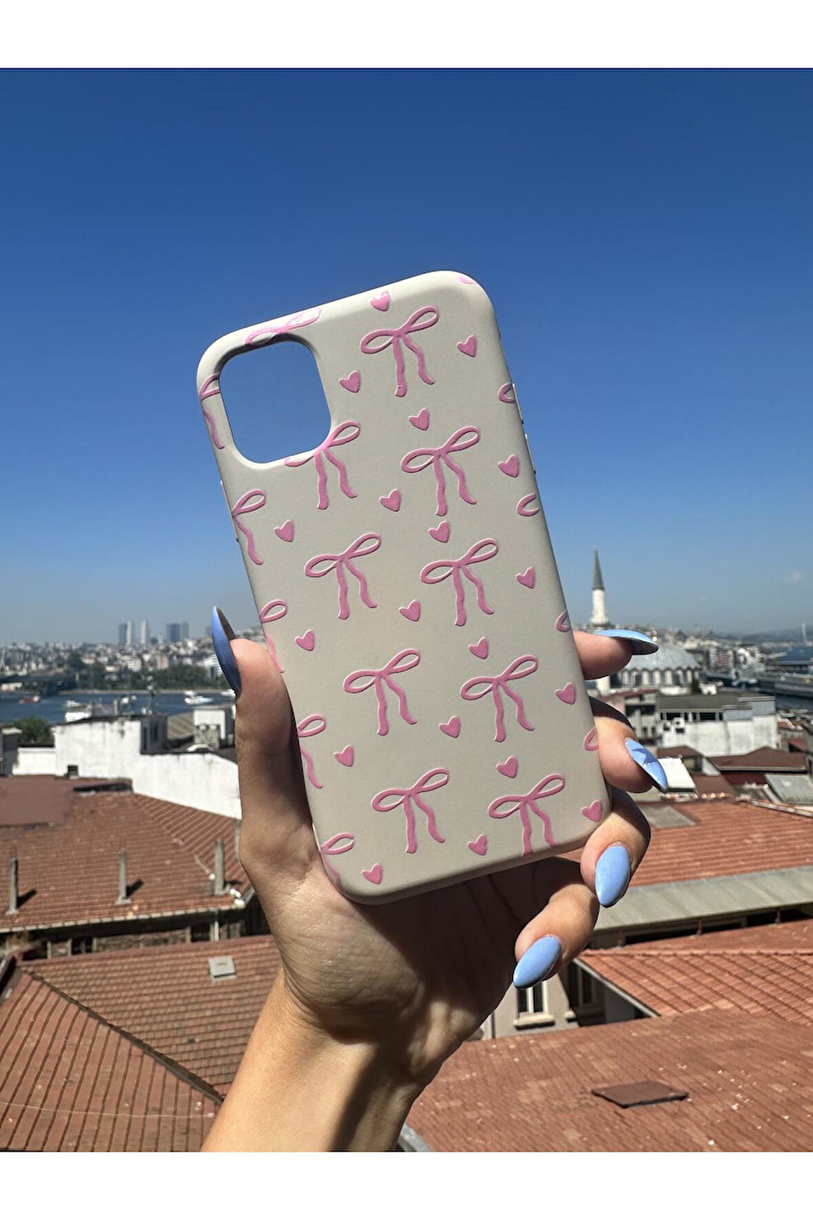 Samsung Galaxy A71 Uyumlu Pembe Kurdele Tasarımlı Telefon Kılıfı - Krem