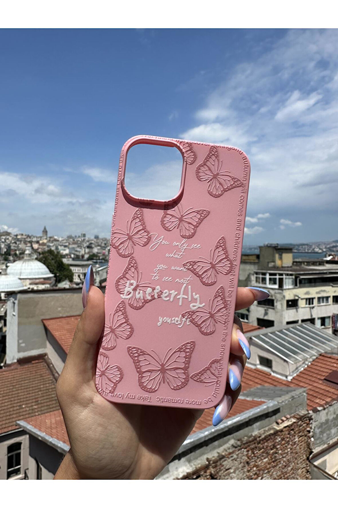 Samsung Galaxy S24 Ultra Uyumlu Butterfly Kelebek Tasarımlı Telefon Kılıfı -Krem