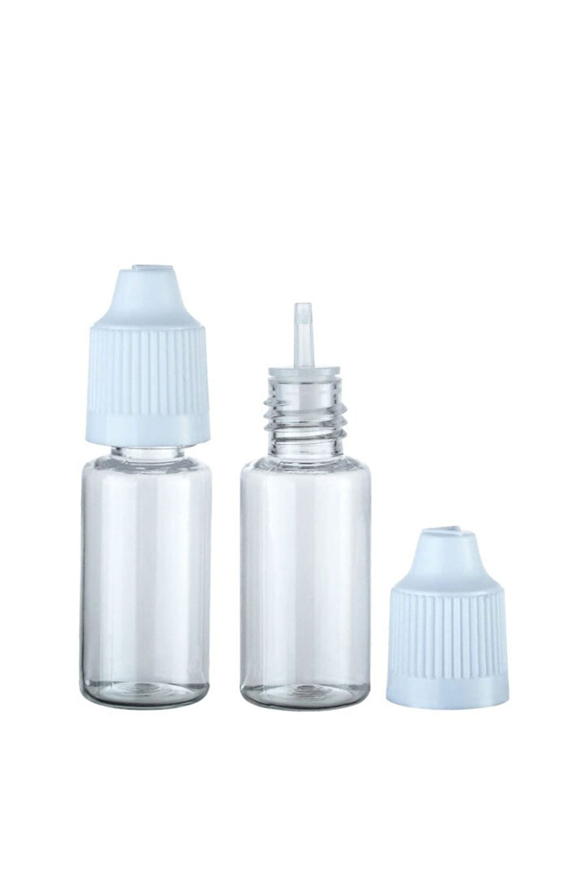 100 Adet - 15ml Şeffaf Plastik Likit Şişesi - Iğne Uclu Damlalıklı Pet Şişe, Beyaz Kapaklı