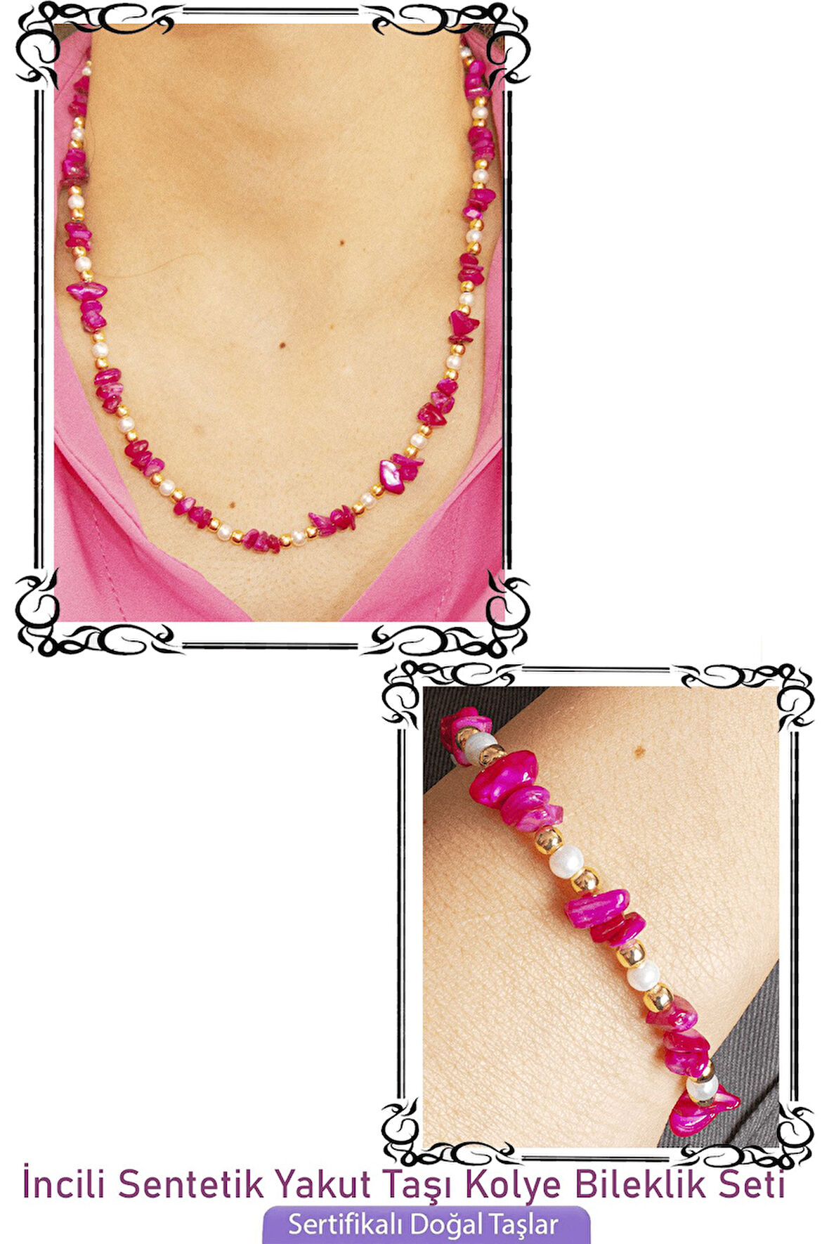Sertifikalı İncili Sentetik Yakut Taşlı Doğal Taş Kolye Bileklik Seti