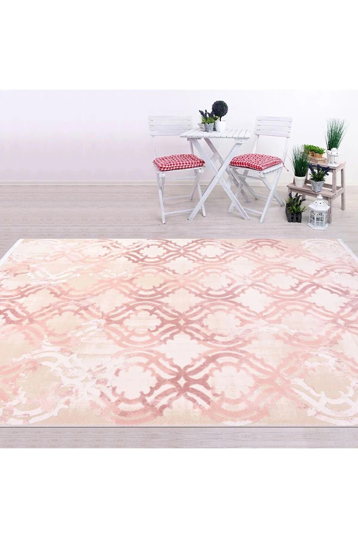 İpek Mekik Halı Gaspara Gül Kurusu Bej Modern Çizgili Halı