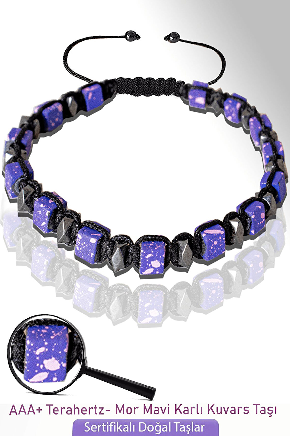 Sertifikalı Küp Model Mor Karlı Kuvars Taşı Bileklik - Ayarlamalı