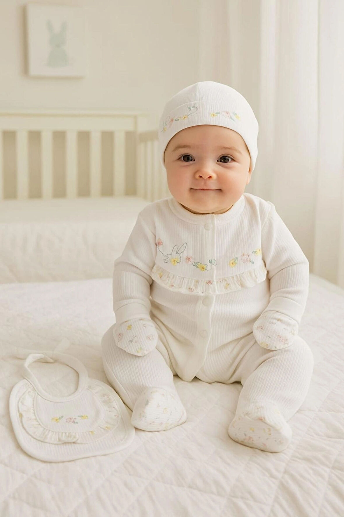 0-3 AY GAYE KIZ BEBEK RENKLİ ÇİÇEK NAKIŞLI %100 PAMUK 5Lİ SET