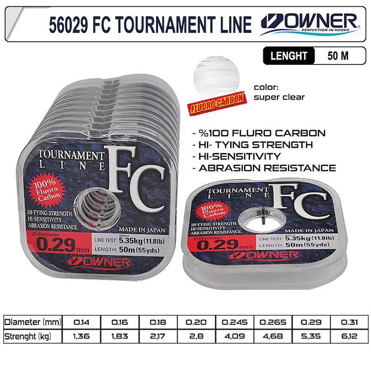 %100 FLOUROCARBON MİSİNA OWNER Tournament Fc 50m Super Clear 0,24MM