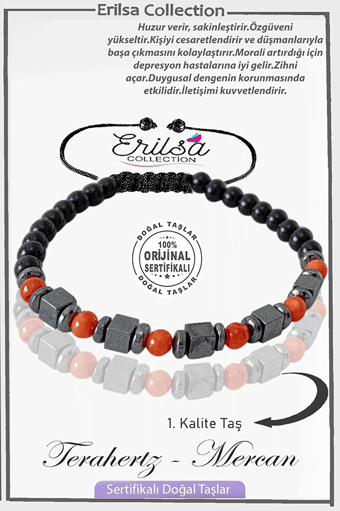 Sertifikalı Gerçek Obsidyen - Terahertz - Kırmızı Mercan Taşı Bileklik