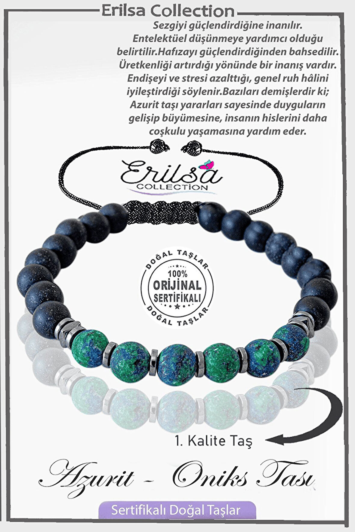 Sertifikalı Gerçek Ham İşlenmemiş Oniks - Azurit Taşı Bileklik