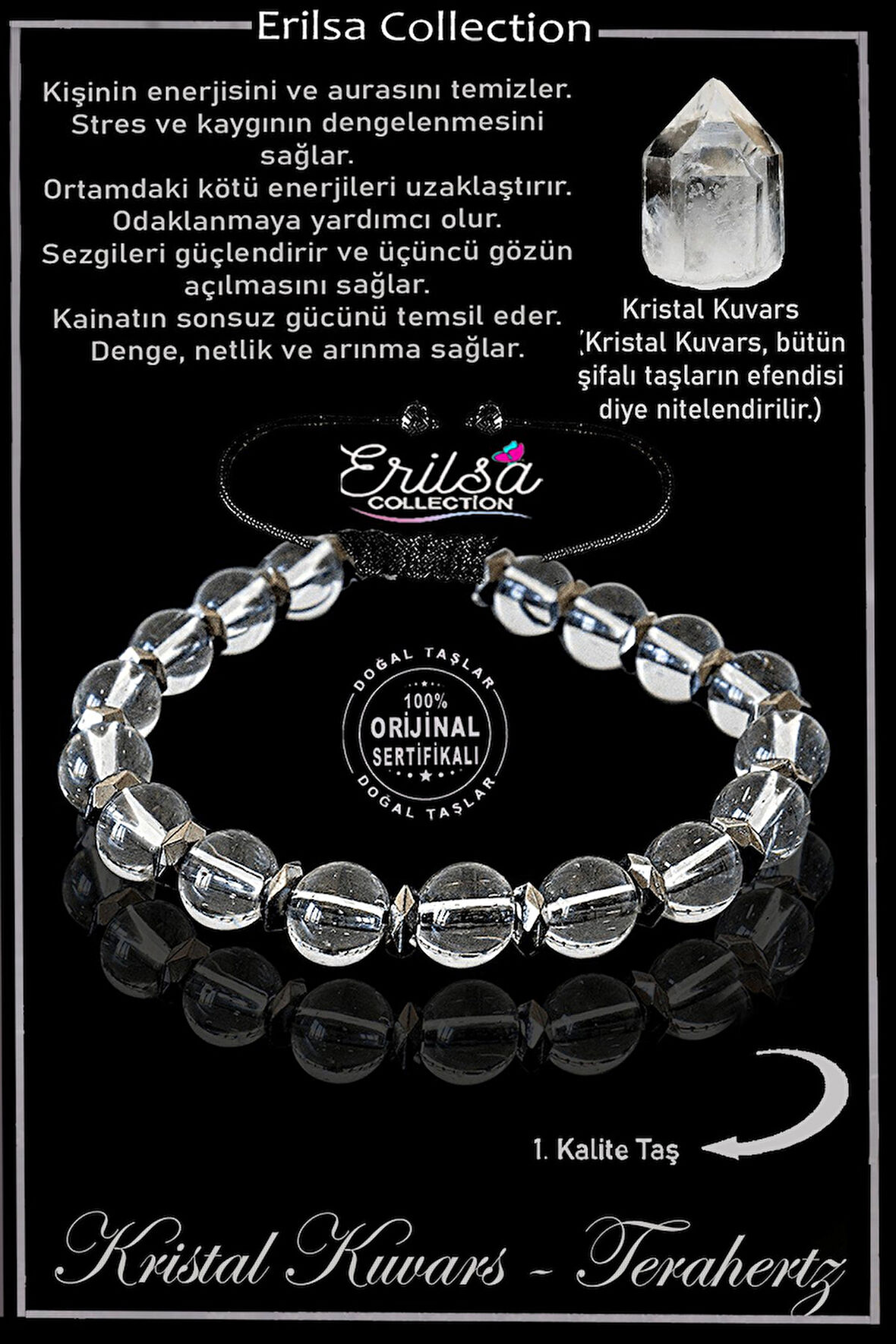 Sertifikalı Fasetli Hematit - Şeffaf Kristal Kuvars Taşı Bileklik