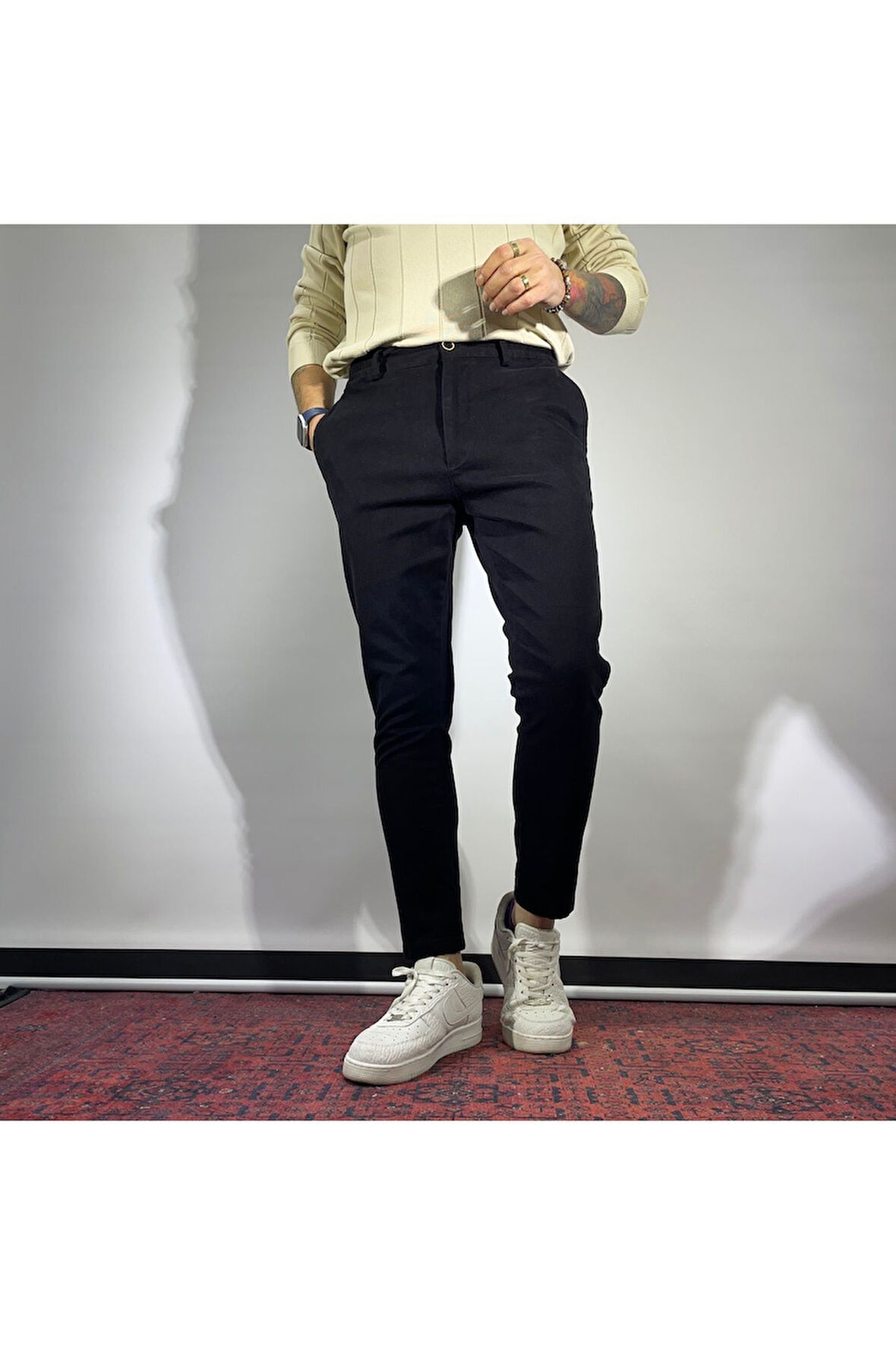 Slim Fit Beli Lastikli Gabardin Erkek Siyah Pantolon