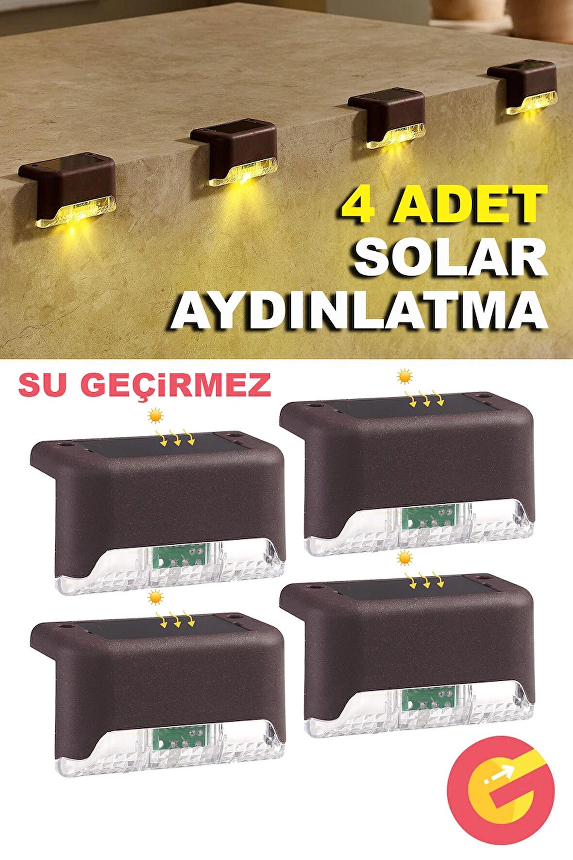 GüncelÇarşı 4 Adet Solar Güneş Enerjili Şarjlı Köşebent Merdiven Veranda Bahçe Yolu Led Lamba Işık, Gün ışığı