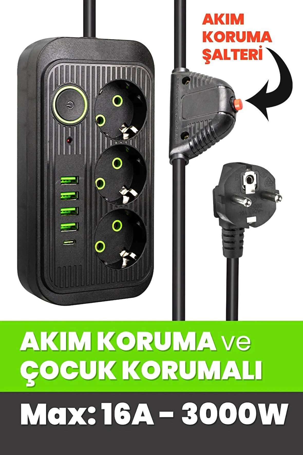 GüncelÇarşı Akım Korumalı 3'lü Çoklu Priz, 4 Usb + 1 Type C Pd, 1.5 Mt Kablo, Üçlü Grup Priz - Siyah