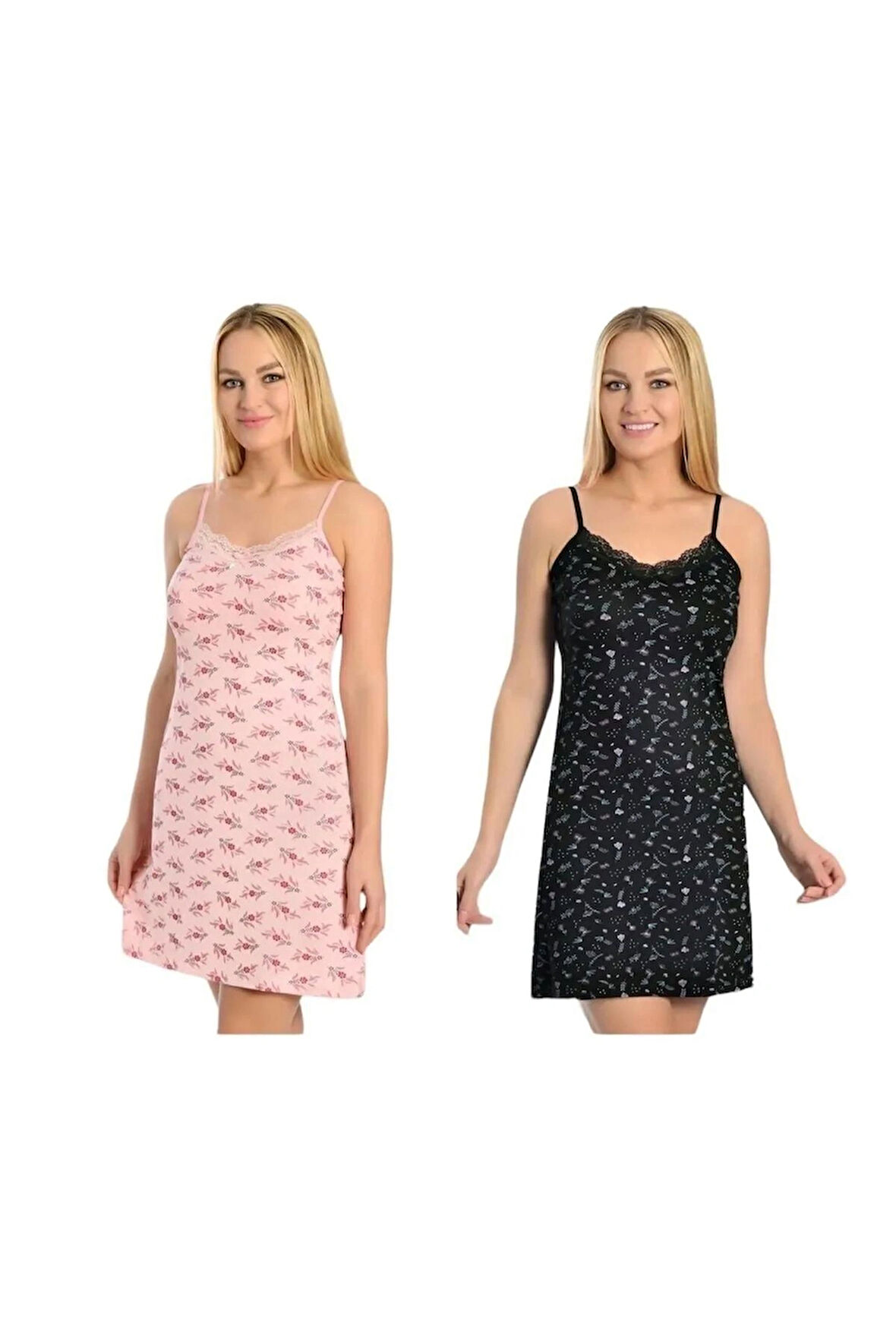 Siyah Pembe Dantelli Ip Askılı Likralı Penye Gecelik 2 Li Paket