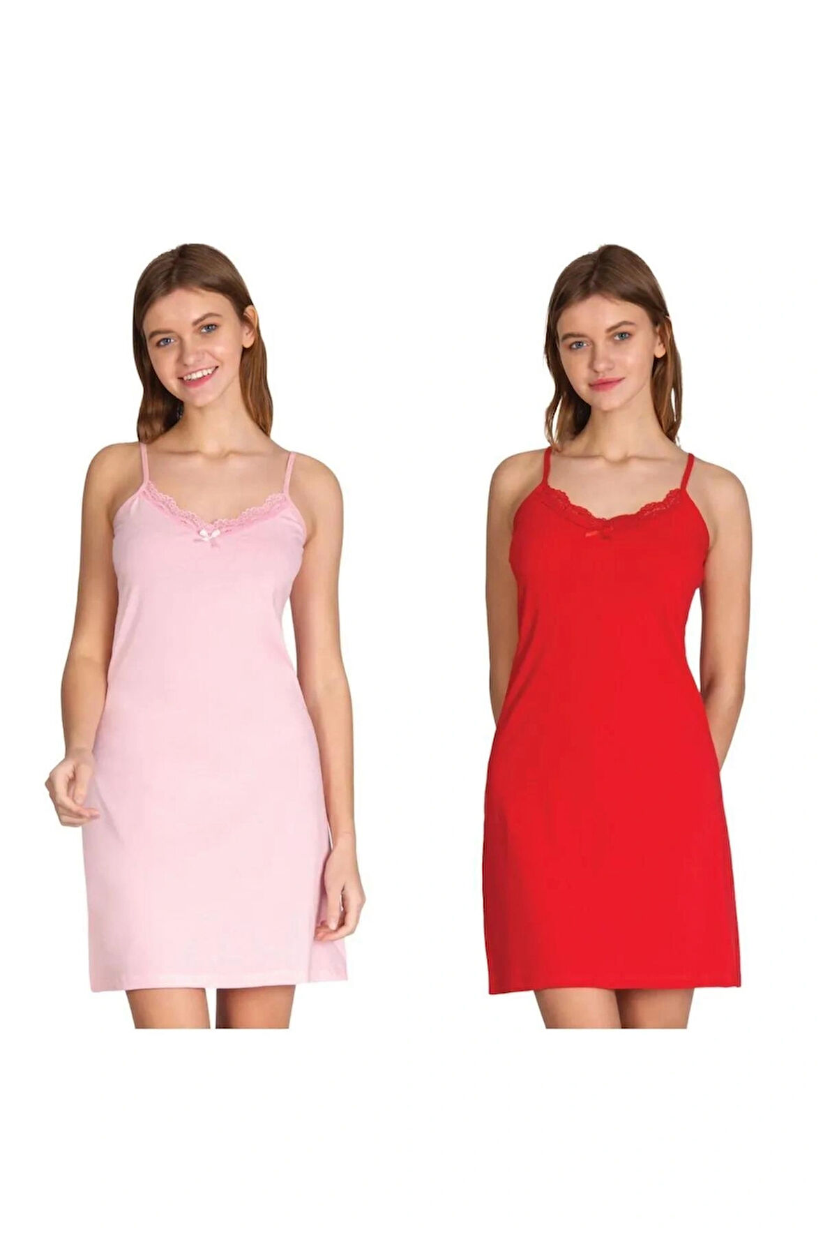 Düz Renk Pembe Kırmızı Dantelli Ip Askılı Likralı Penye Gecelik 2 Li Paket