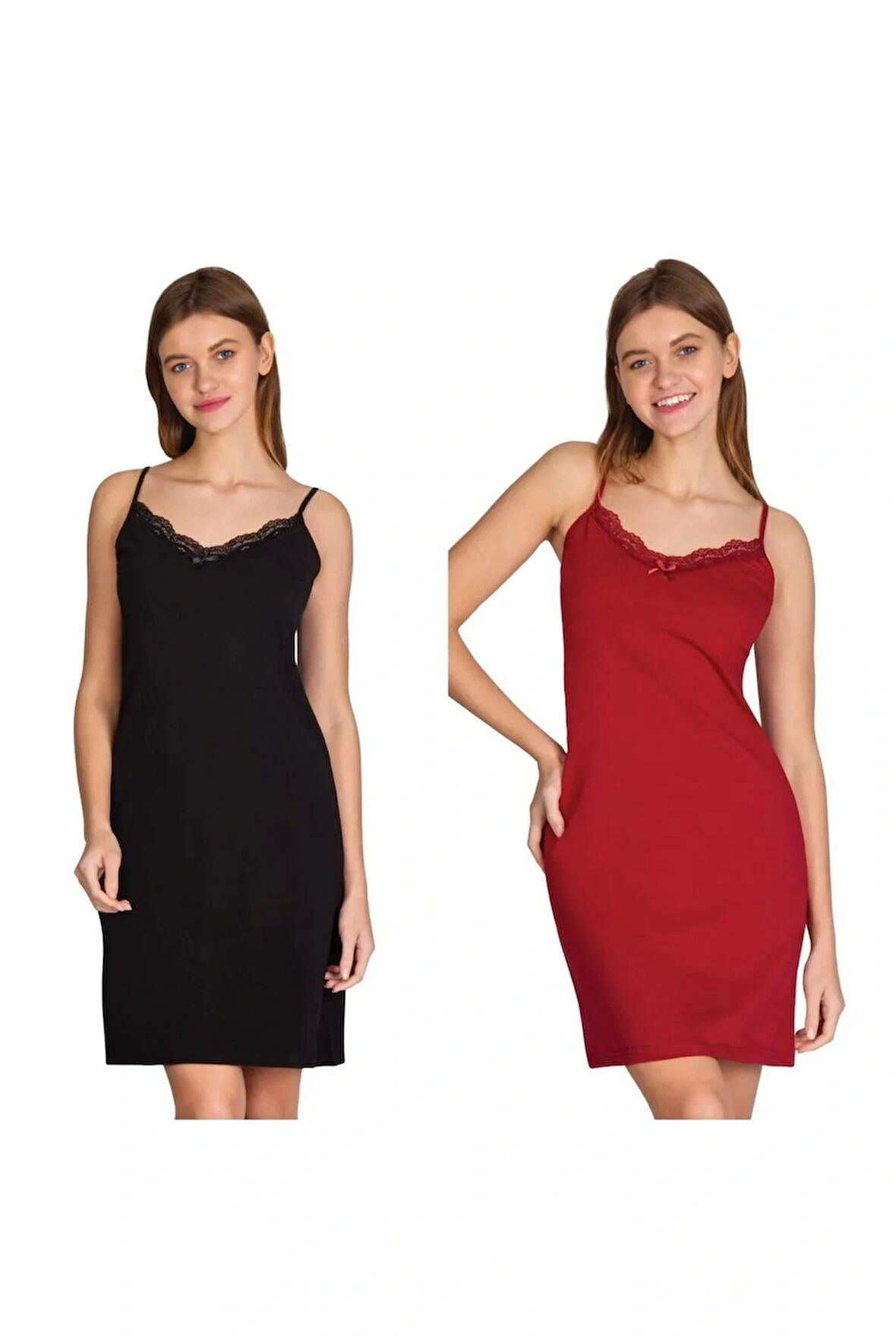 Düz Renk Siyah Bordo Dantelli Ip Askılı Likralı Penye Gecelik 2 Li Paket