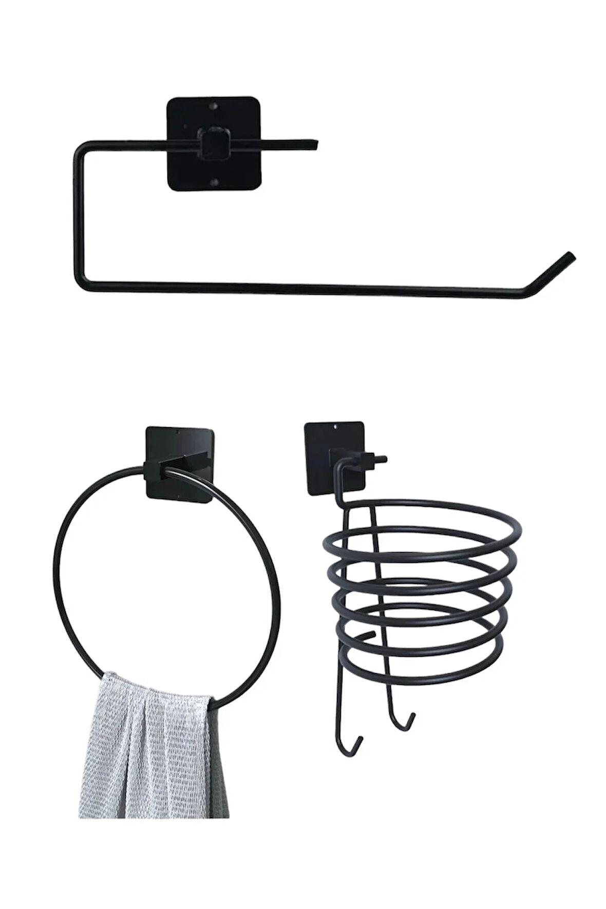 siyah metal yapışkanlı 3'lü set Kağıt Yuvarlak Havlu Tutucu-Fön makinası tutucu-Havluluk