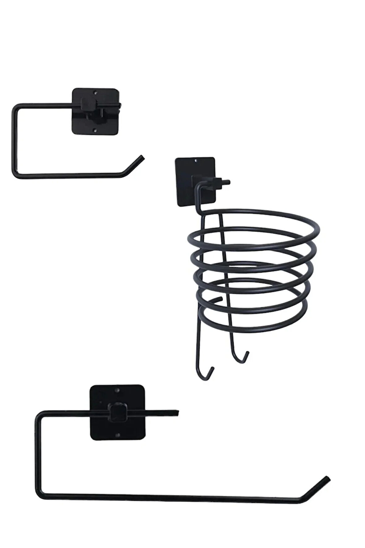 siyah metal yapışkanlı 3'lü set Fön Makinesi Tutucu -Tuvalet Kağıdı-Kağıt Havlu