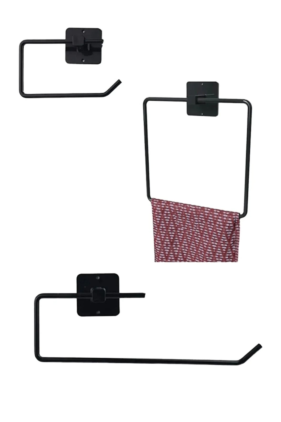 siyah metal yapışkanlı 3'lü set kare havluluk-kağıt havluluk- tuvalet kağıtlığı