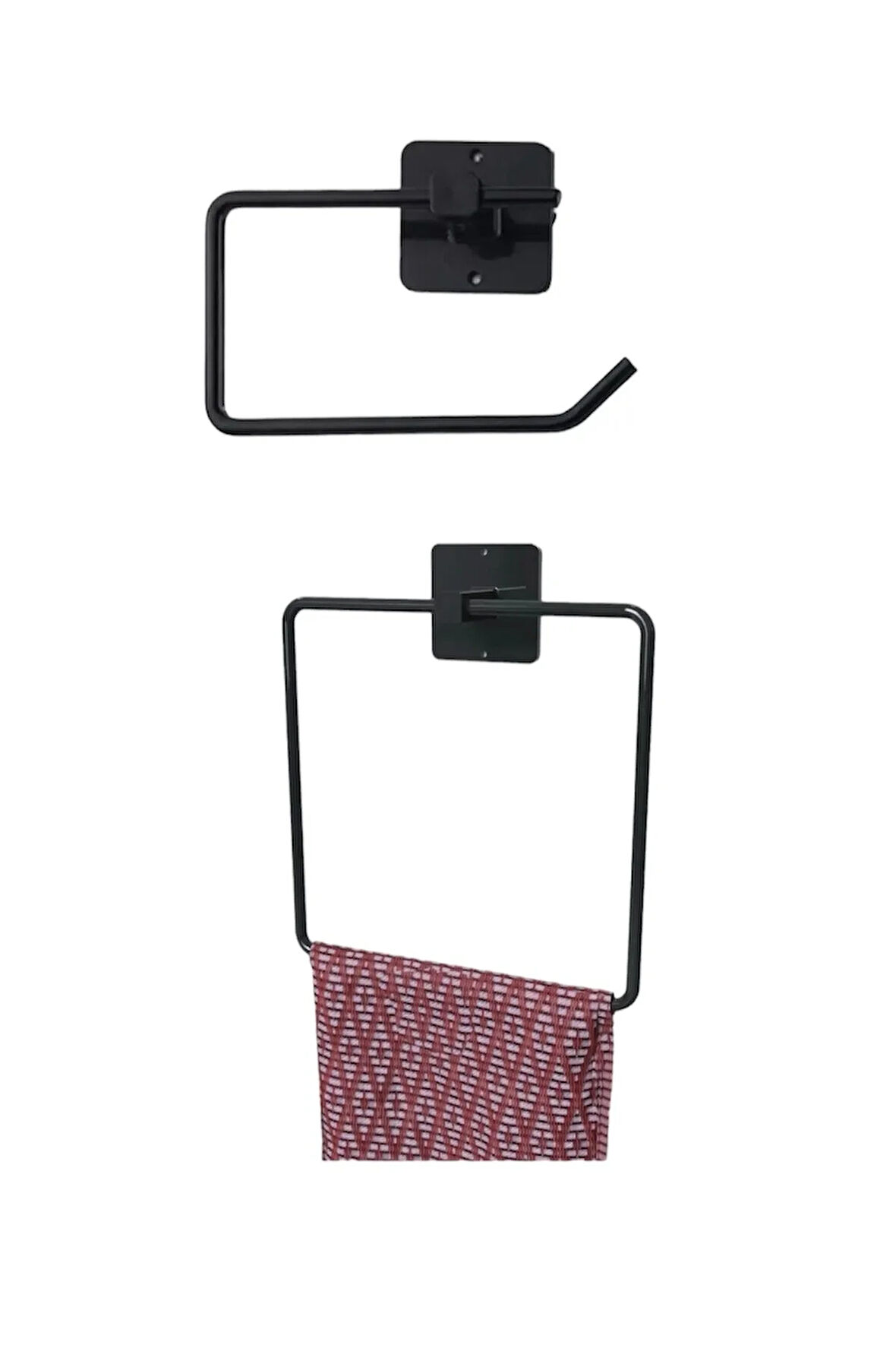 siyah metal yapışkanlı 2'li set tuvalet kağıtlığı ve kare havluluk