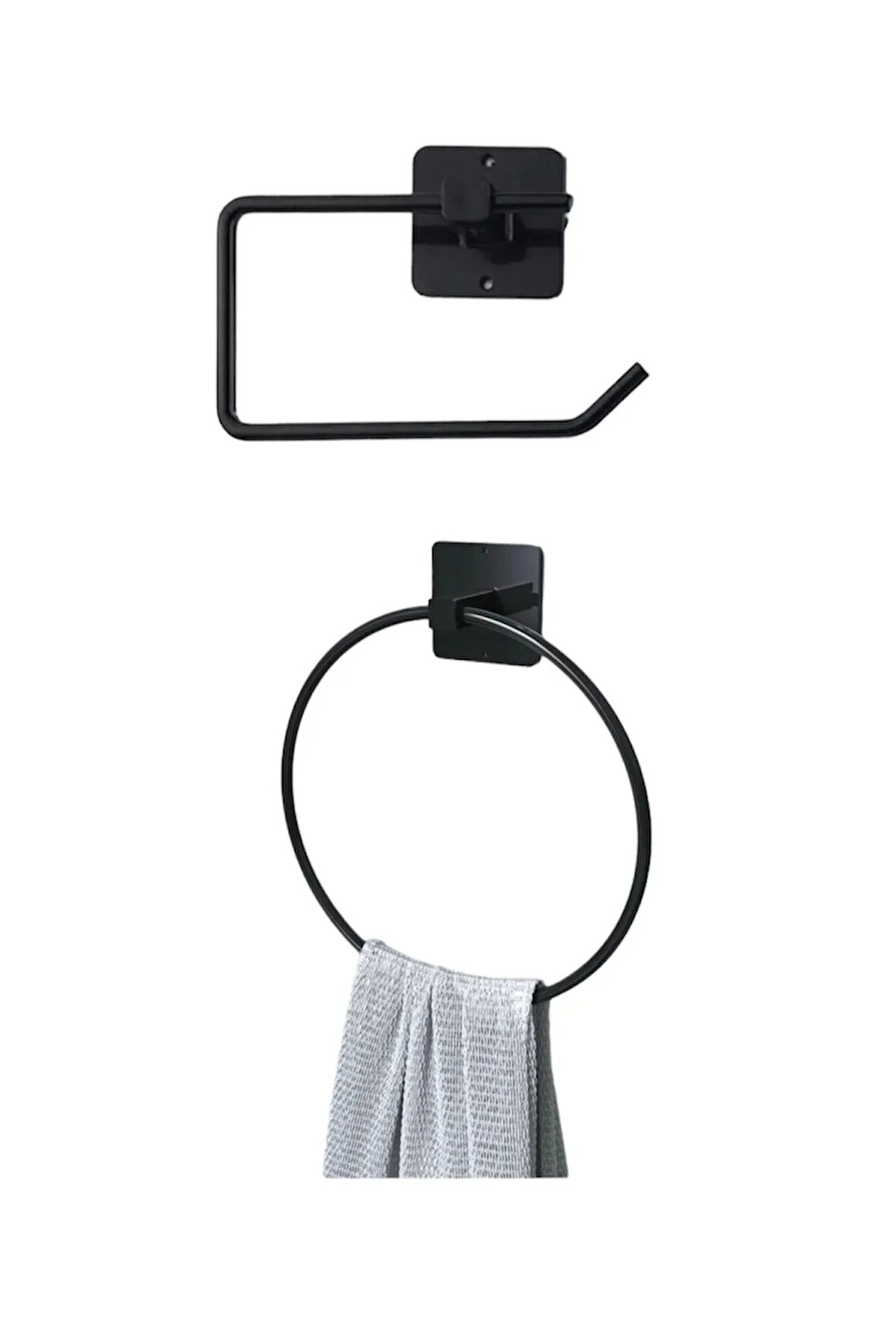 siyah metal yapışkanlı 2'li set yuvarlak havluluk - tuvalet kağıtlığı