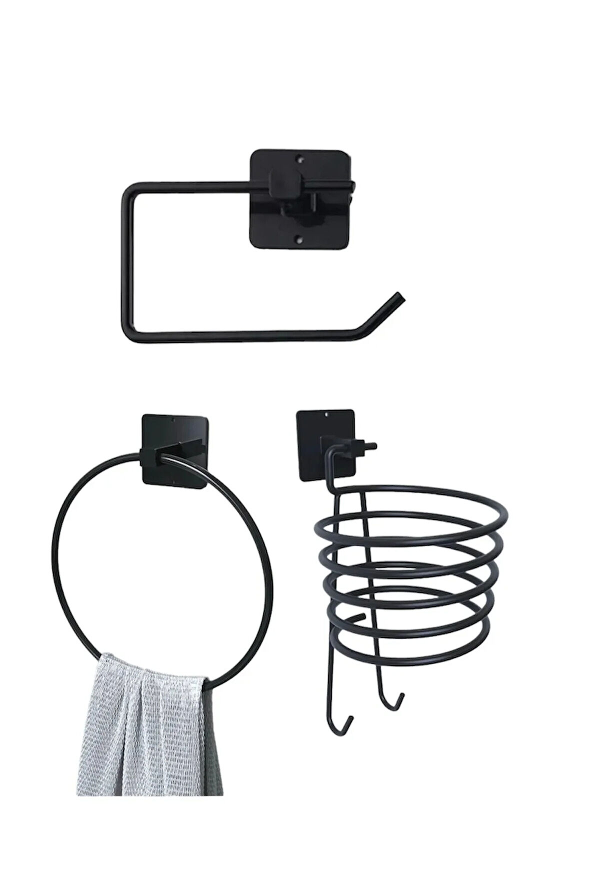 siyah metal yapışkanlı 3'lü set Tuvalet Kağıdı Tutucu-Yuvarlak Havlu Tutucu-Fönlük