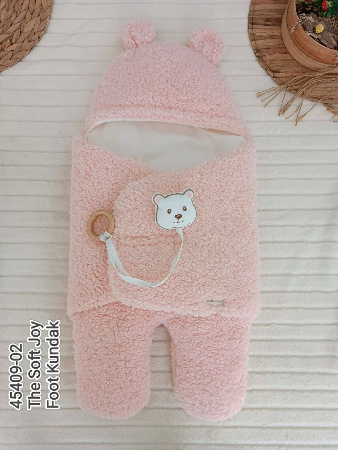 Yenidoğan Kulaklı Şapkalı Açılır Kucaklı Cırt Kapamalı Ayaklı Bebek Battaniyesi Kundak Pembe