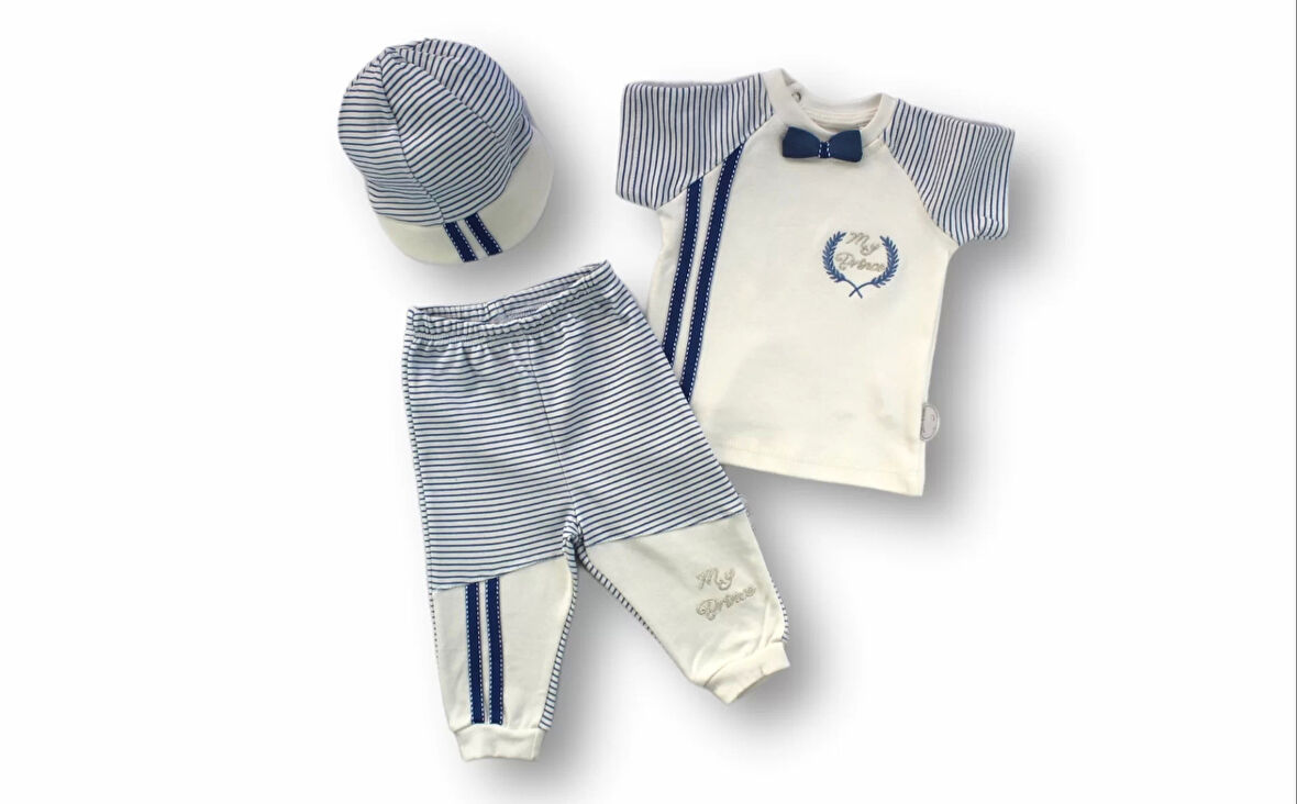 3-6 6-9 9-12 Ay My Prince Nakışlı Şapkalı Kısa Kollu Sweatli 3lü Erkek Bebek Takımı Ekru