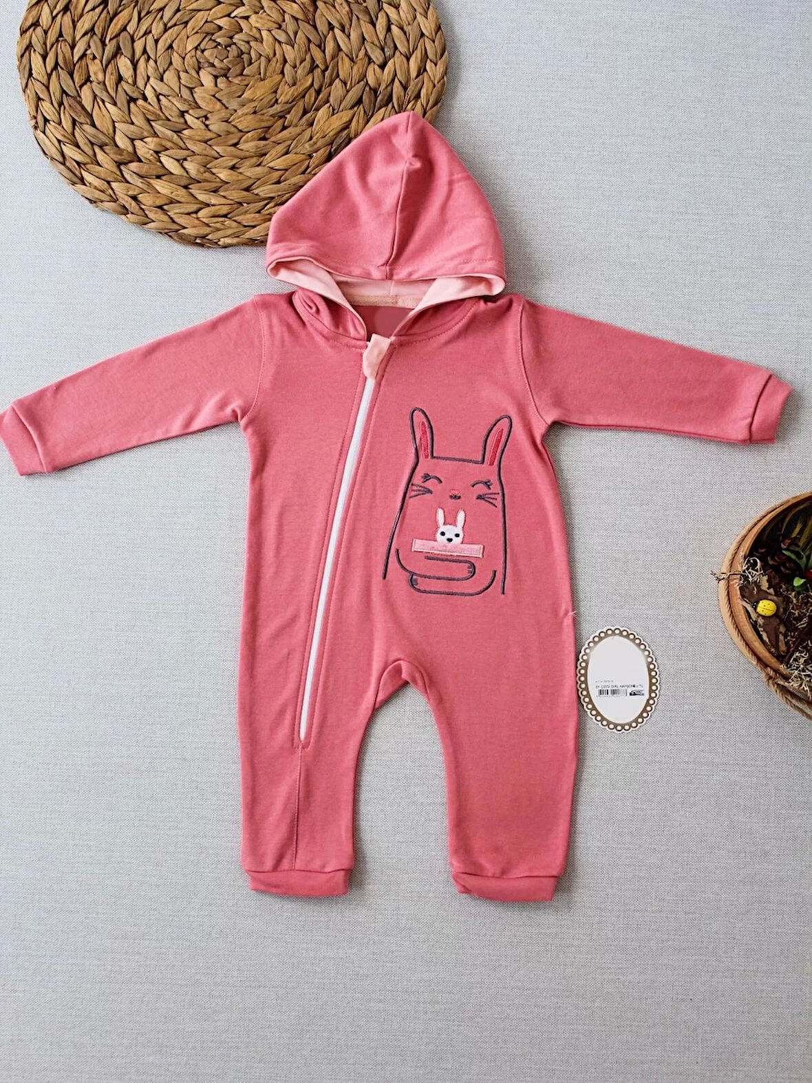 6-9 9-12 Ay Ef Çizgi Boy Fermuarlı Tavşan Nakışlı Kapşonlu Kız Erkek Bebek Tulumu Gül Kurusu