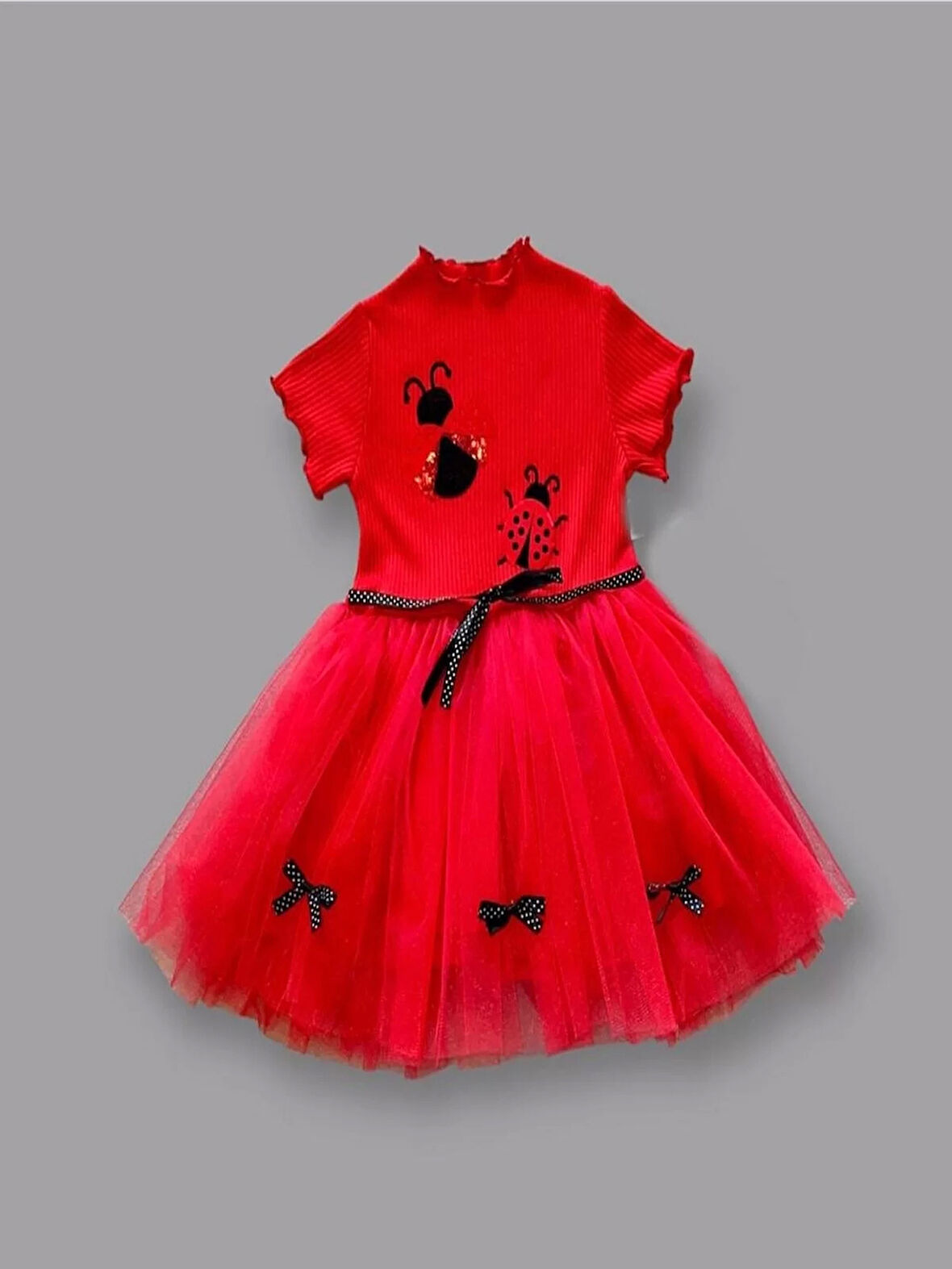 1-2-3 Yaş Uğur Böceği Nakışlı Kurdela Kuşak Kız Çocuk Elbisesi Kırmızı