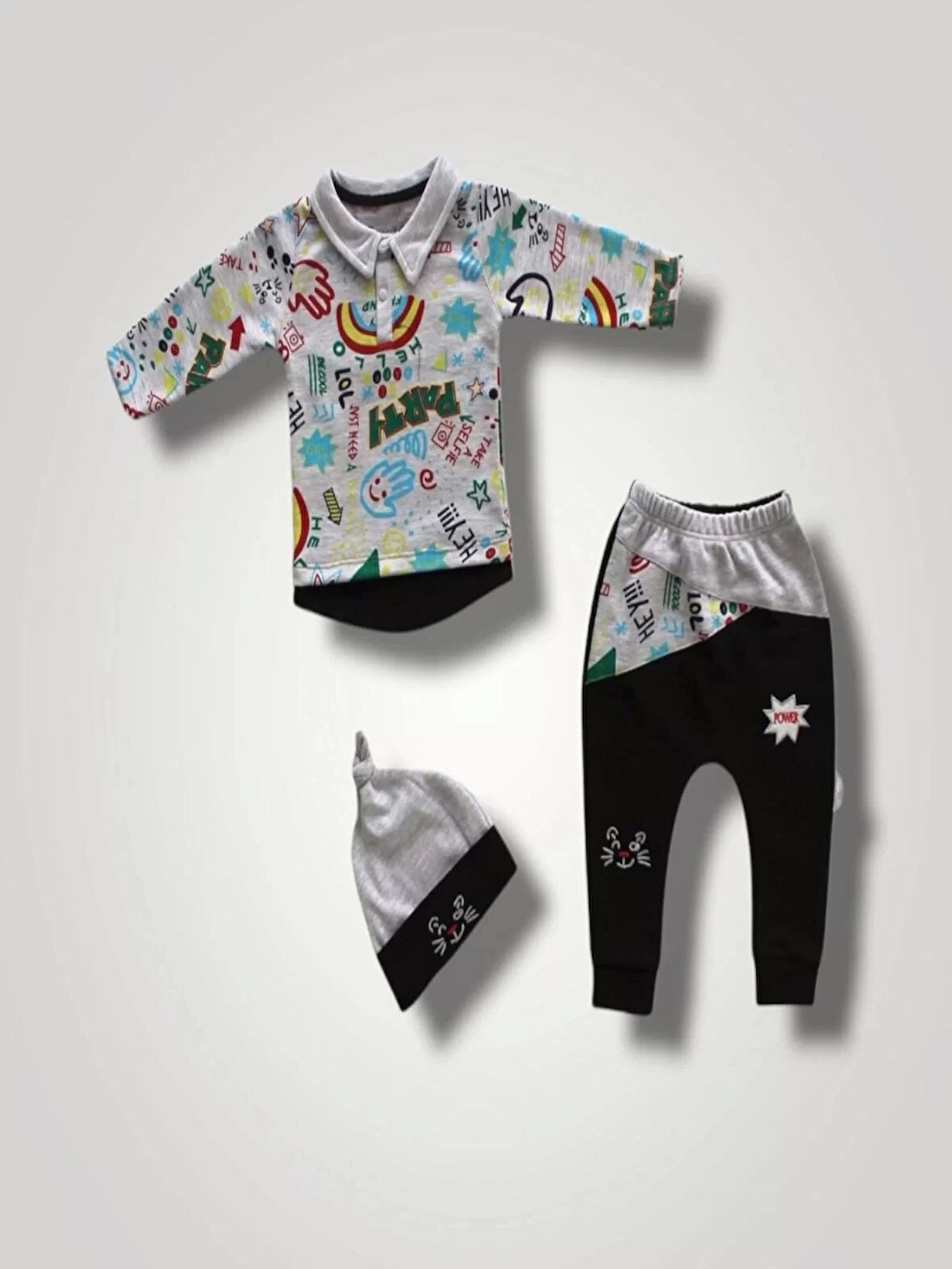 6-9 12-18 18-24 Ay Power Kedi Nakışlı Uzun Kollu Sweat Şapkalı 3lü Kız Erkek Bebek Takımı Siyah