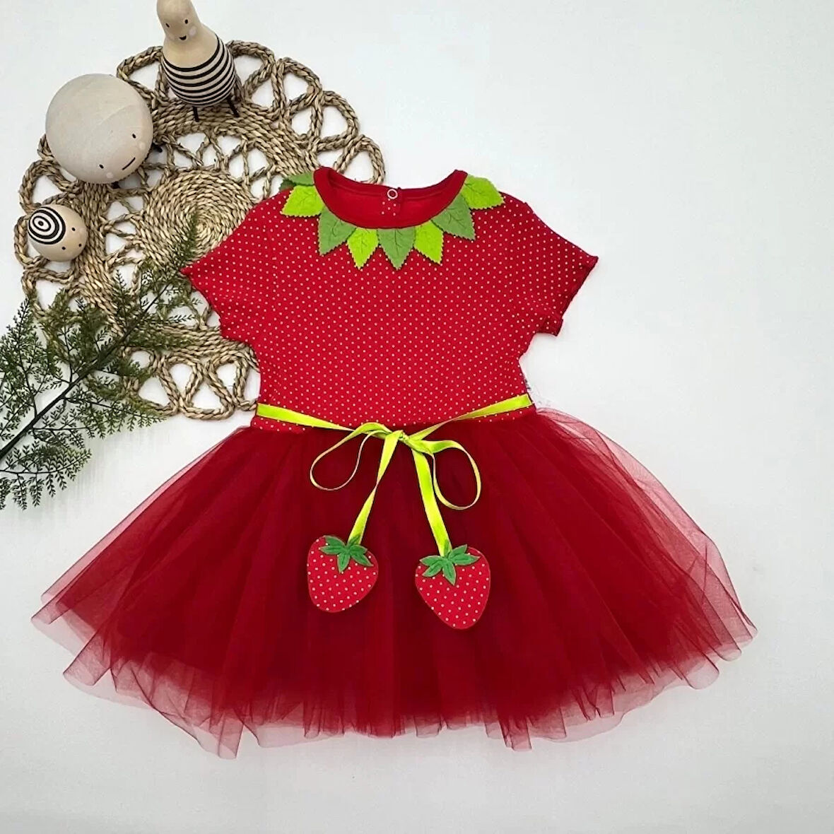 1-2-3 Yaş Çilek Bebekler Baskılı Çilek Kuşaklı Astarlı Kız Bebek Tütü Elbise Kırmızı