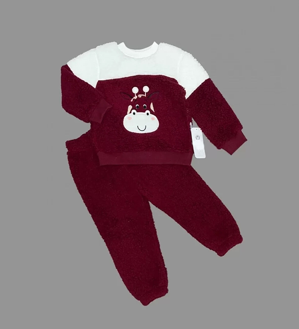 1-2-3 Yaş Ponponlu Zürafa Desenli Kuzu Kumaş Uzun Kollu 2li Kız Erkek Çocuk Takımı Bordo