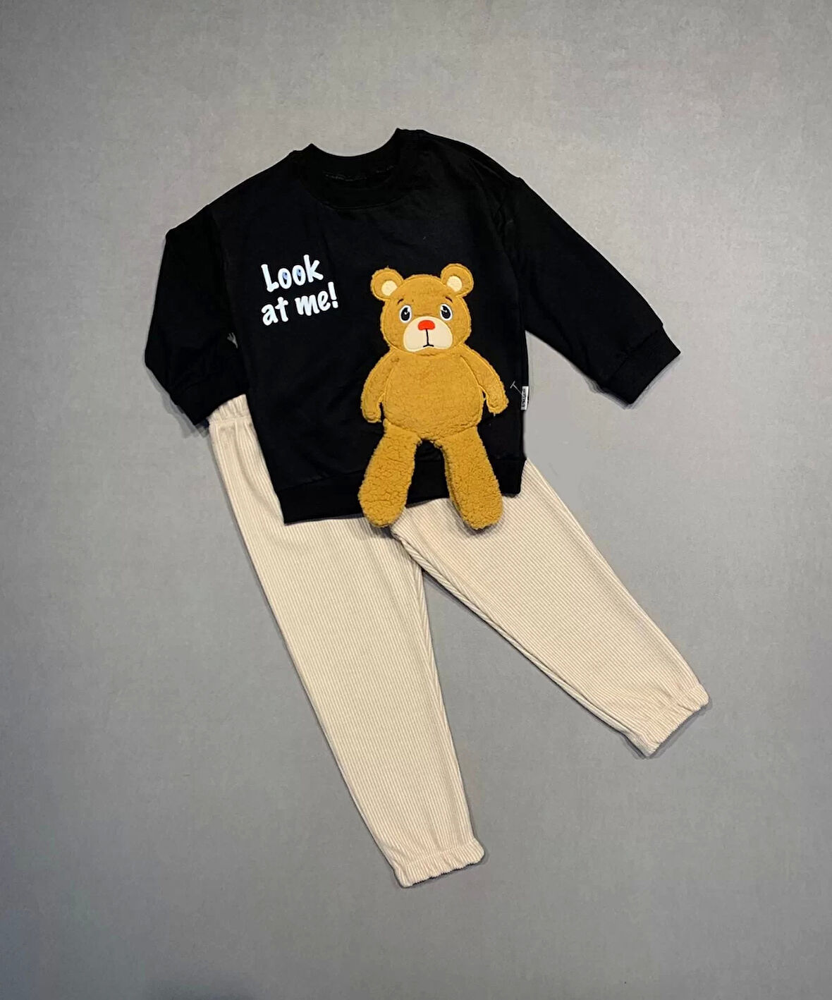 2-3-4 Yaş Ayıcık Sallanan Ayak Desenli Likra Penye Kumaş Sweat Pantolonlu Kız Erkek 2li Çocuk Takımı Siyah