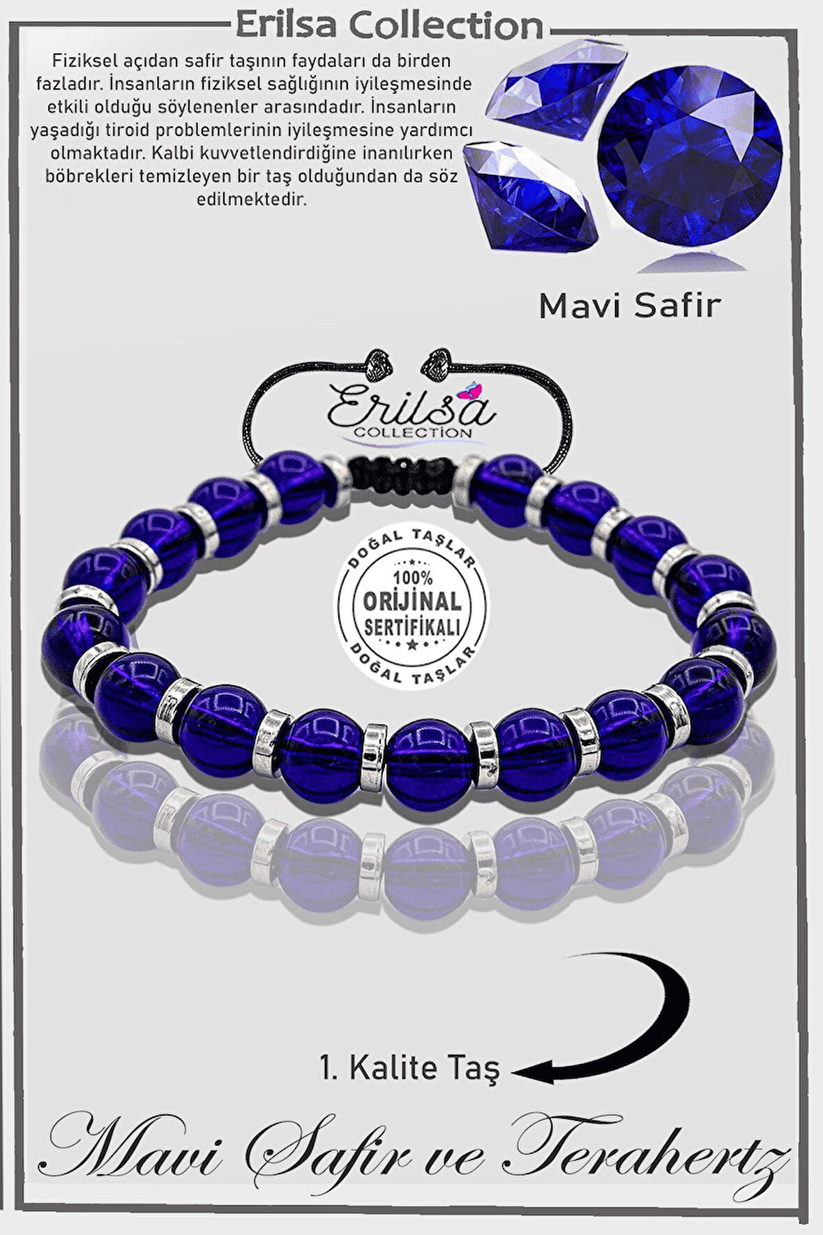 Sertifikalı AAA+ Hematit -  Mavi Safir Taşı Bileklik - Ayarlamalı