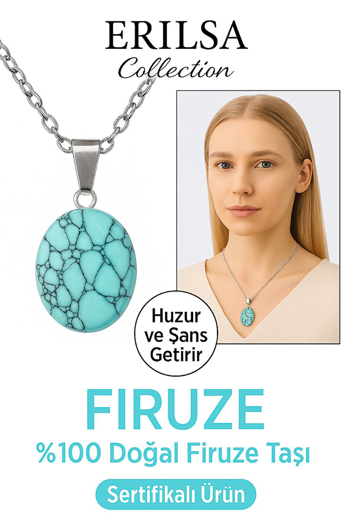 Sertifikalı AAA+ Oval Firuze Turkuaz Taşı Kolye - Gümüş Aparat Nazara Karşı Koruma ve Huzur Sağlar