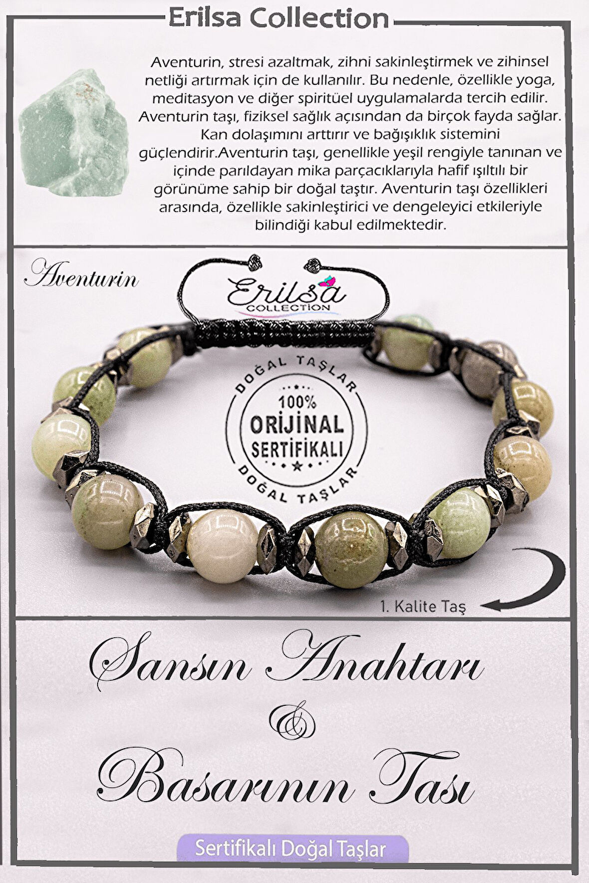 Sertifikalı AAA+ Kalite Doğal Aventurin Taşı - Şans Anahtarı Başarı Bilekliği