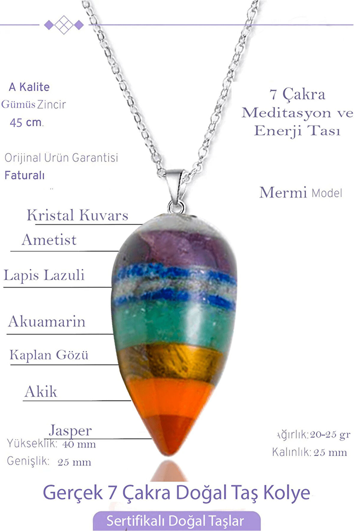 Sertifikalı Mermi Model Ametist Kaplan Gözü Lapis Akuamarin Jasper Akik Aventurin 7 Çakra Kolye