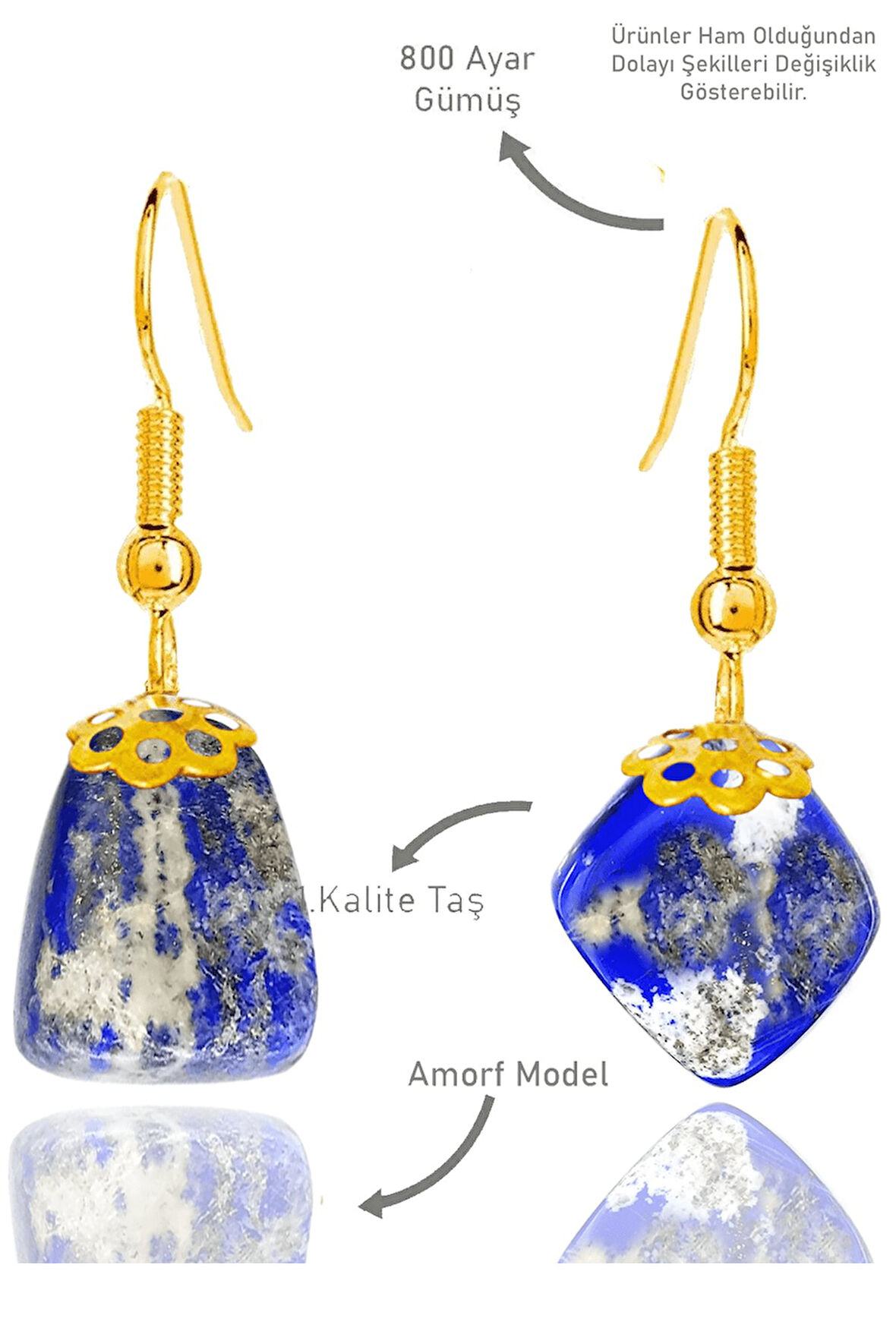 Sertifikalı Amorf Model Ham Lapis Lazuli Taşı Küpe - Gold Renkli