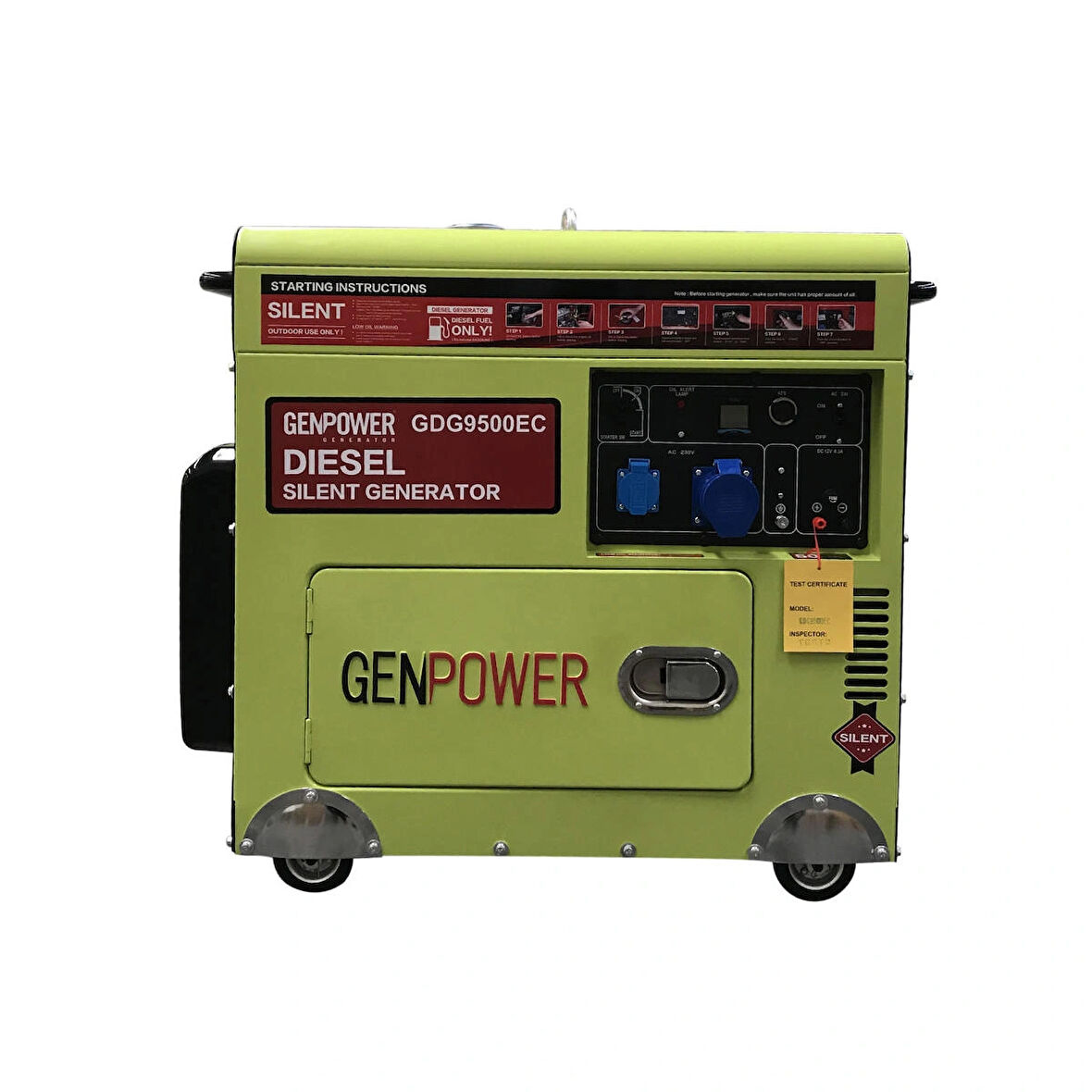 Genpower GDG 9500 EC Model 8,8 Kva, Dizel, Ses İzolasyon Kabinli,Marşlı,Tekerlekli,Monofaze (220 Volt) Portatif Jeneratör