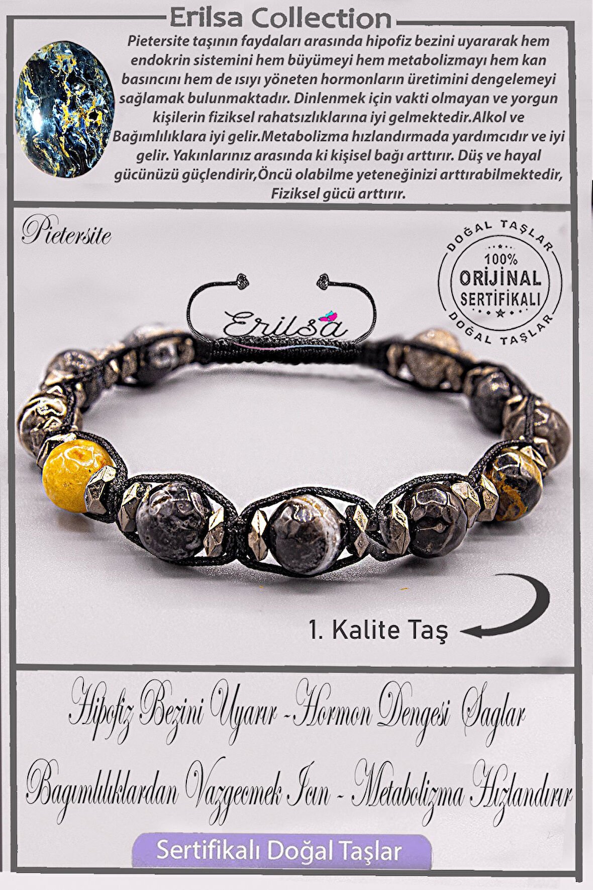 Sertifikalı AAA+ Kalite Gerçek Terahertz - Pietersit Taşı Bileklik - Ayarlamalı